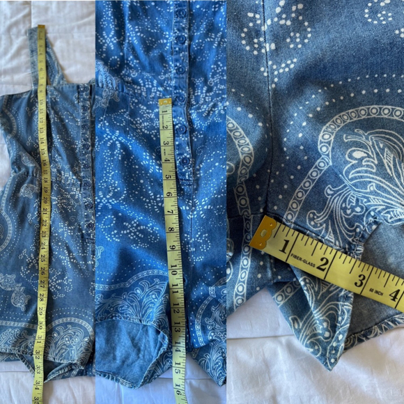 SOLD BENJAMIN BITTEN Chambray Denim Paisley Print Tie Back Button Front Romper - Picture 14 of 16